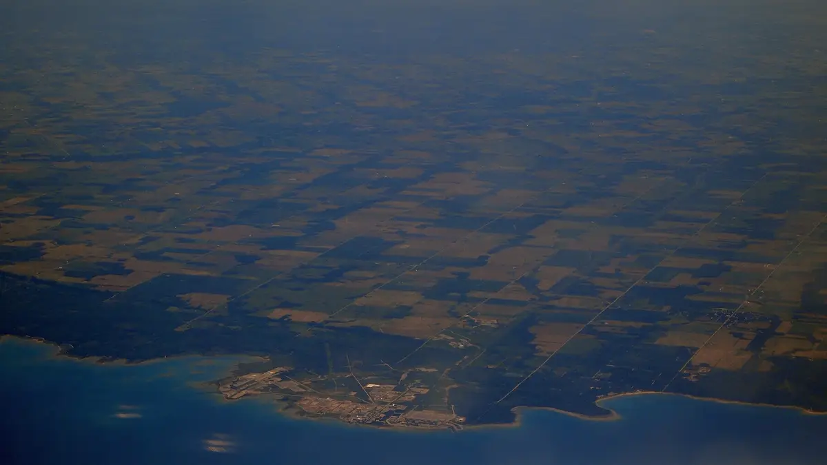 Aerial view of the Bruce nuclear power plant on the shores of Lake Huron, Ontario, Canada