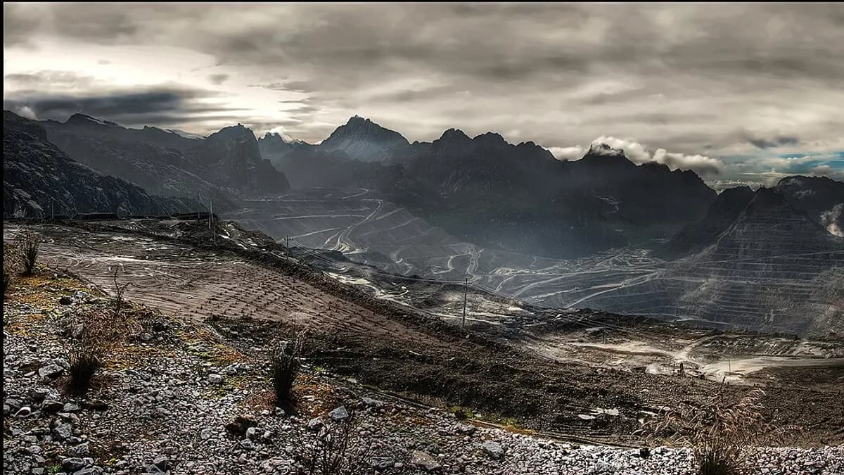 Panoramic view of the Grasberg mine area among mountains in Papua, Indonesia