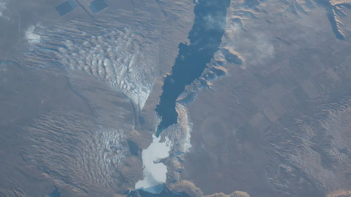 View from the International Space Station of the Longyangxia reservoir and its solar plant in China