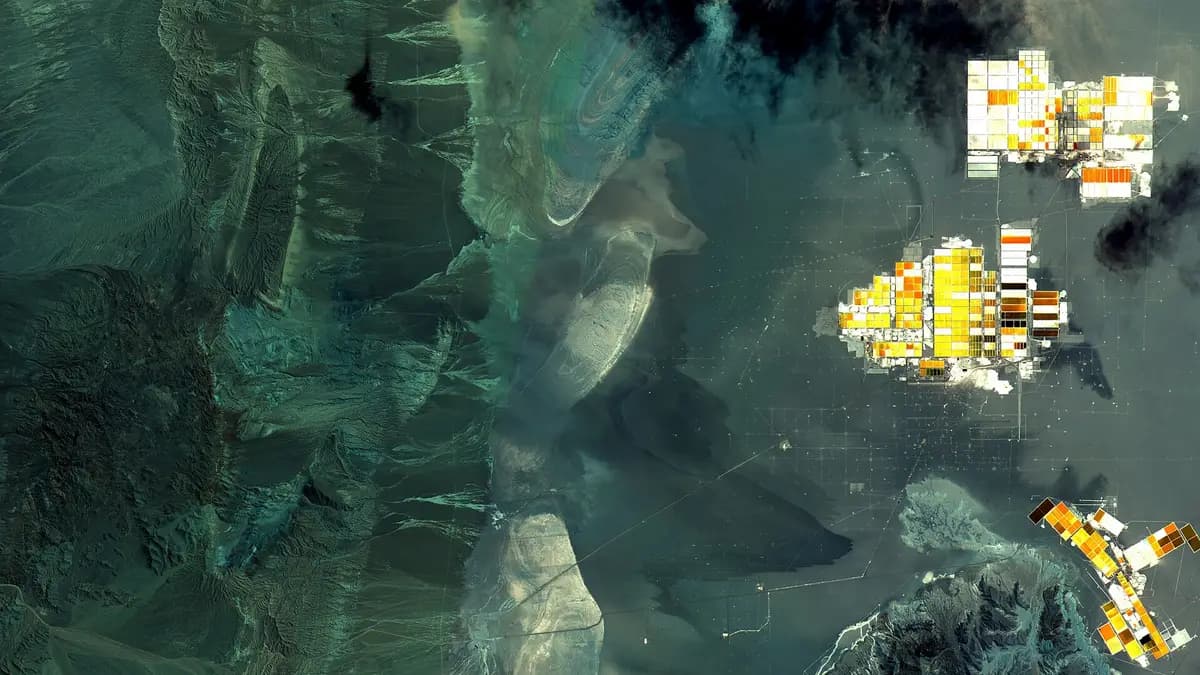 Vista satelital del Salar de Atacama con las faenas de litio en tonos claros